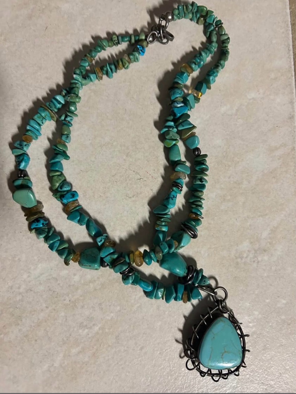 Taxco Turquoise Chip Necklace with large turquoise Pendant